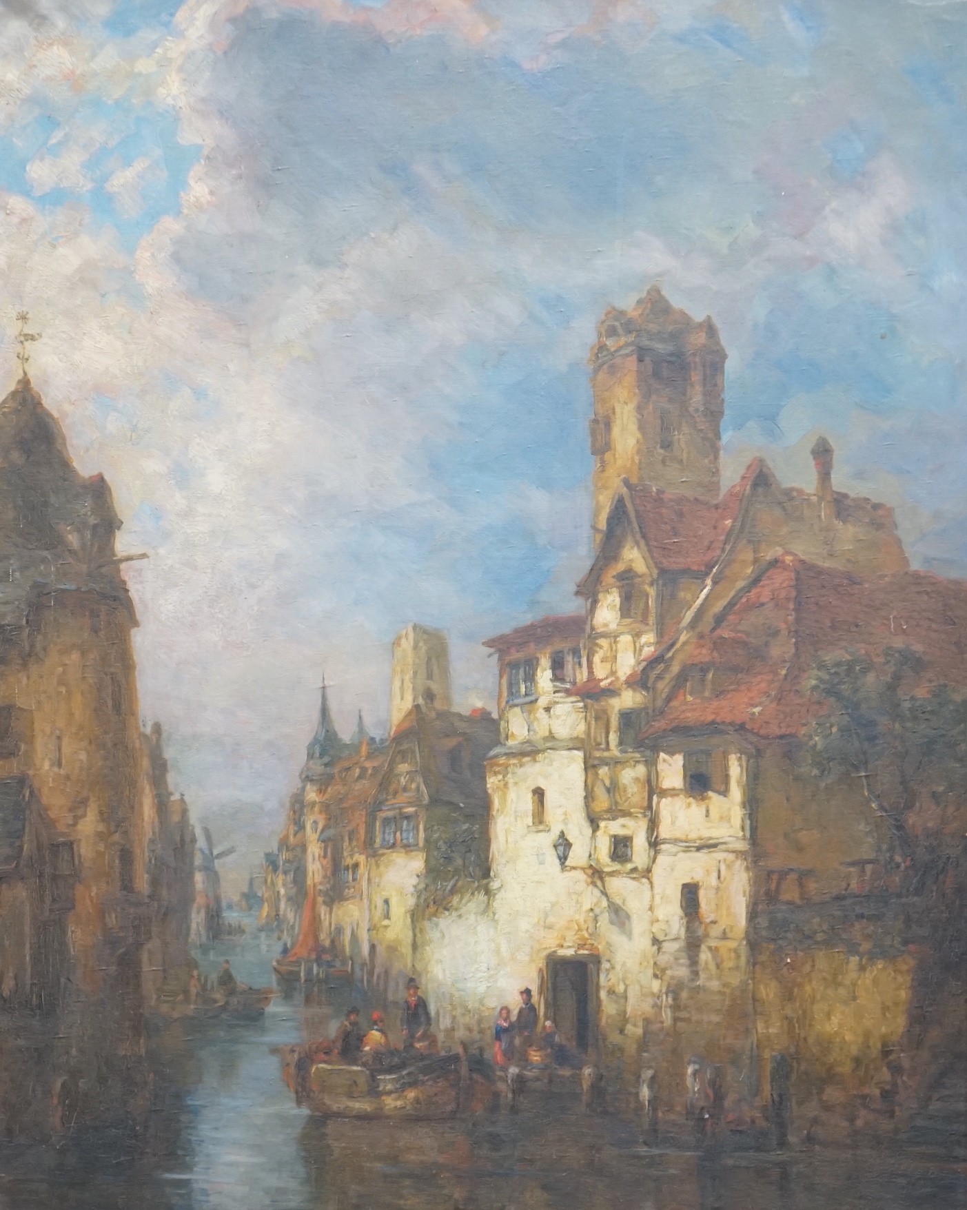 Continental School c.1890, oil on canvas, Canal scene with figures in boats beside houses, 93 x 74cm